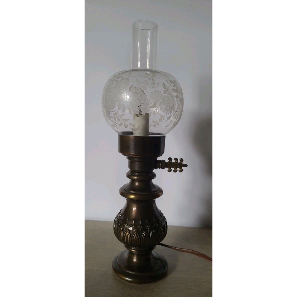 Vtg Small Brass Nightlight Table Lamp Painted Embossed Floral Globe Electric 13"